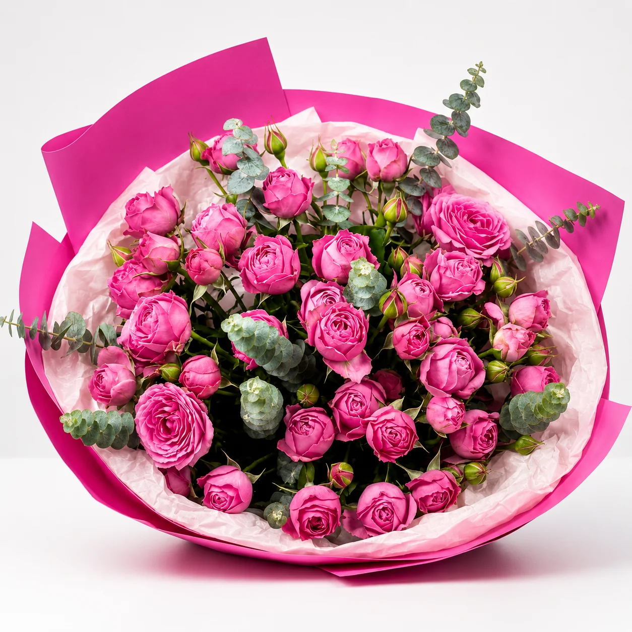 Fresh Forever Blush 11 Pink Peony Roses wrapped in premium floral paper with luxurious satin ribbon